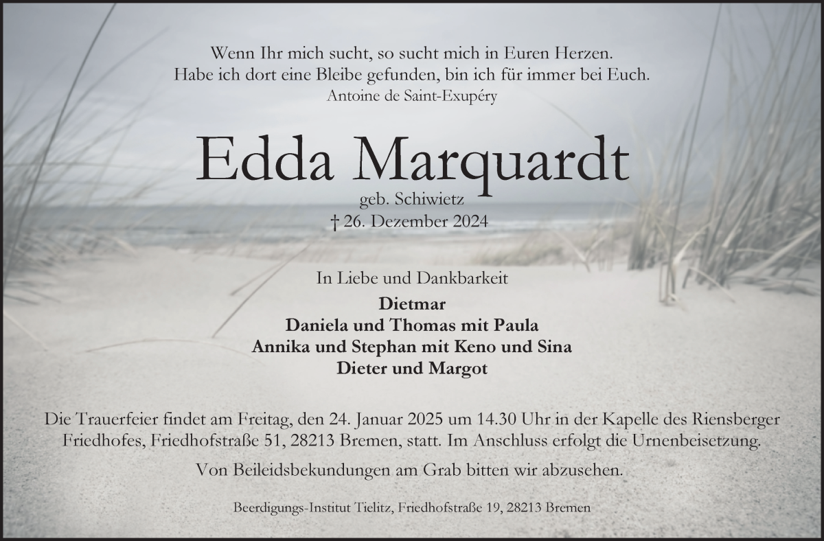 Traueranzeige von Edda Marquardt von WESER-KURIER