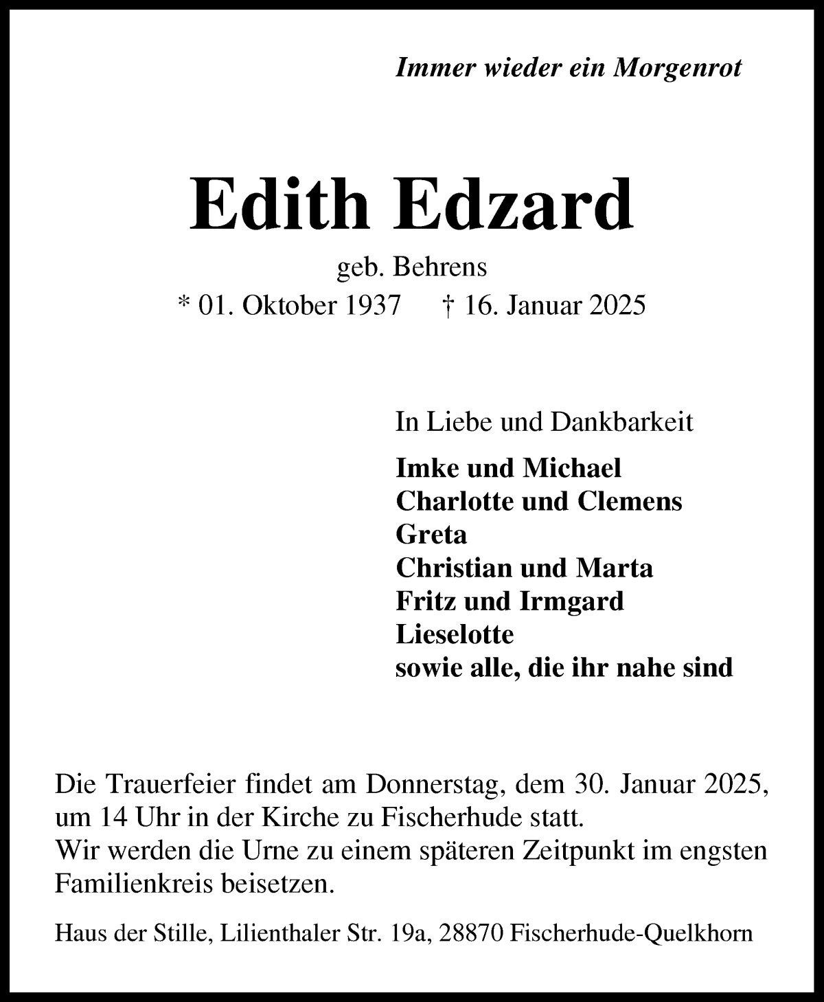 Traueranzeige von Edith Edzard von WESER-KURIER