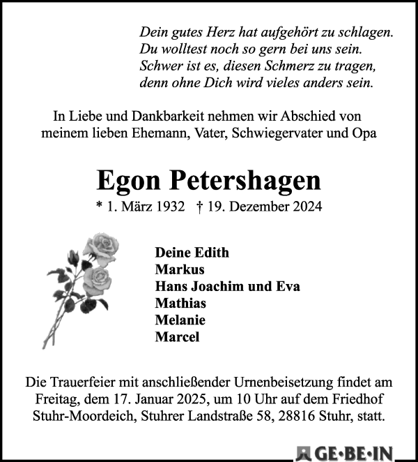 Traueranzeige von Egon Petershagen von WESER-KURIER