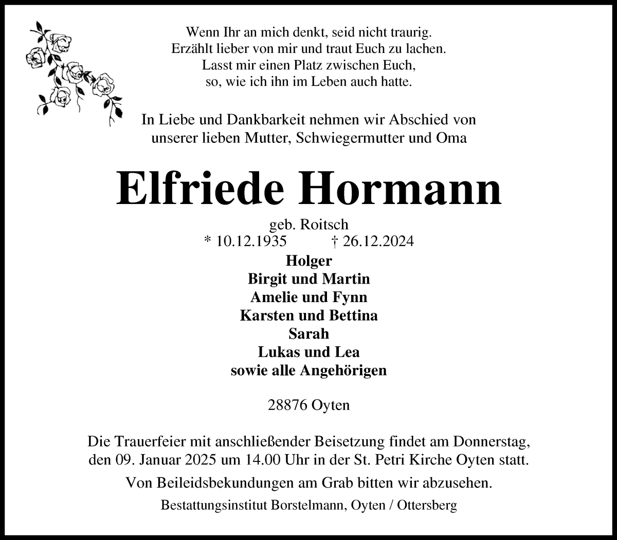 Traueranzeige von Elfriede Hormann von Achimer Kurier/Verdener Nachrichten