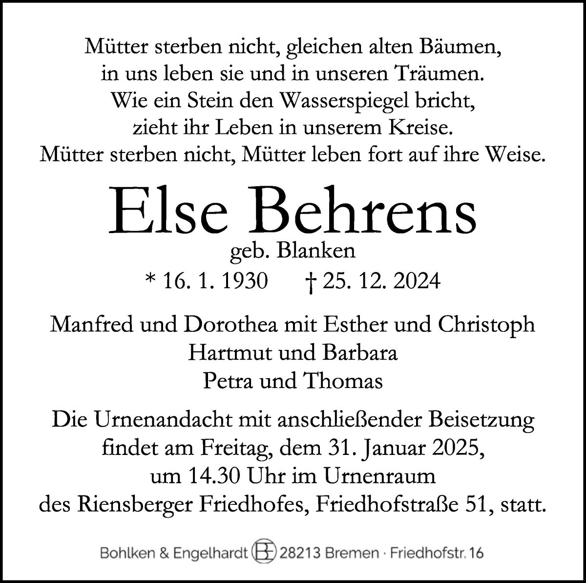 Traueranzeige von Else Behrens von WESER-KURIER