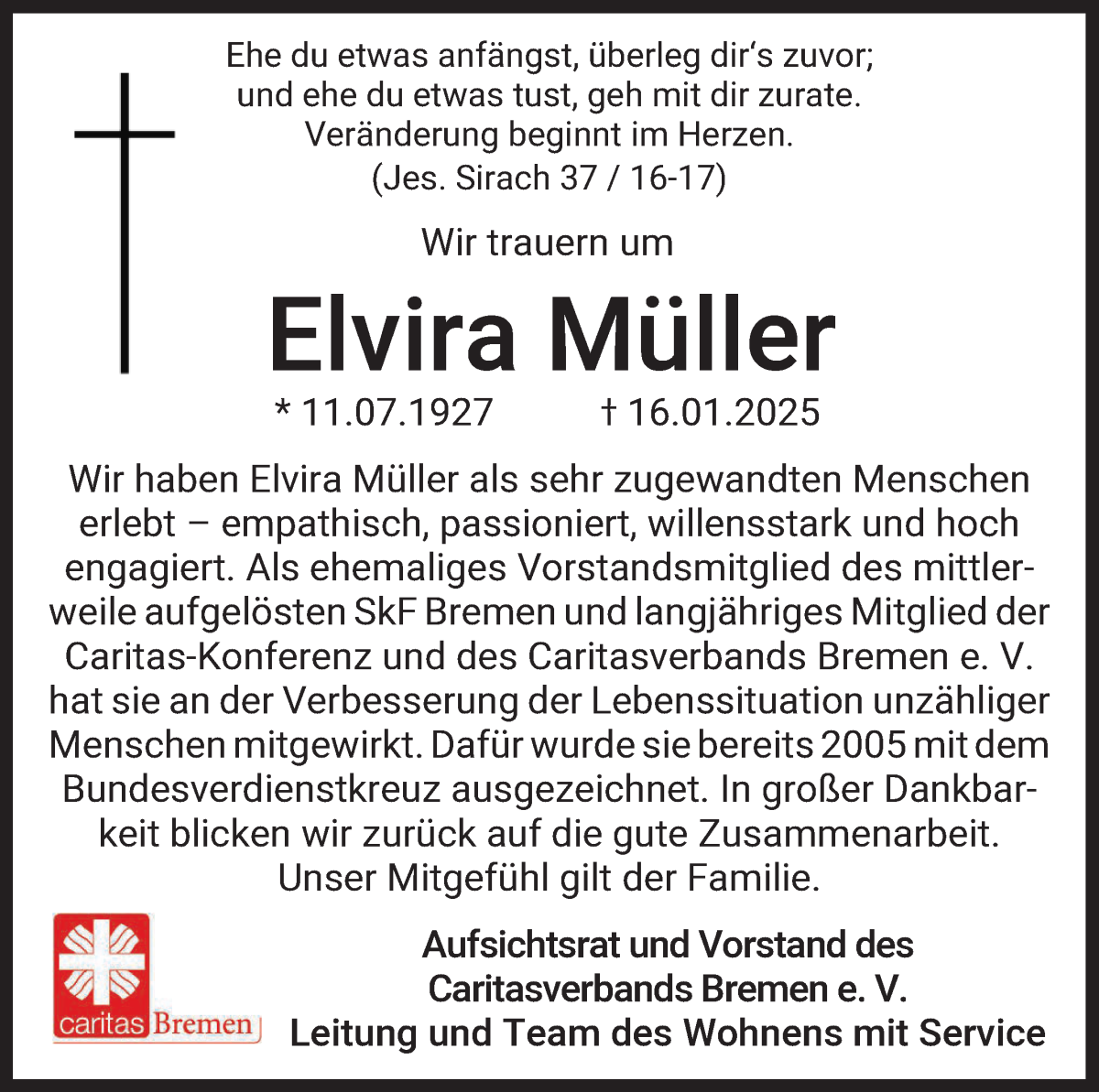 Traueranzeige von Elvira Müller von WESER-KURIER