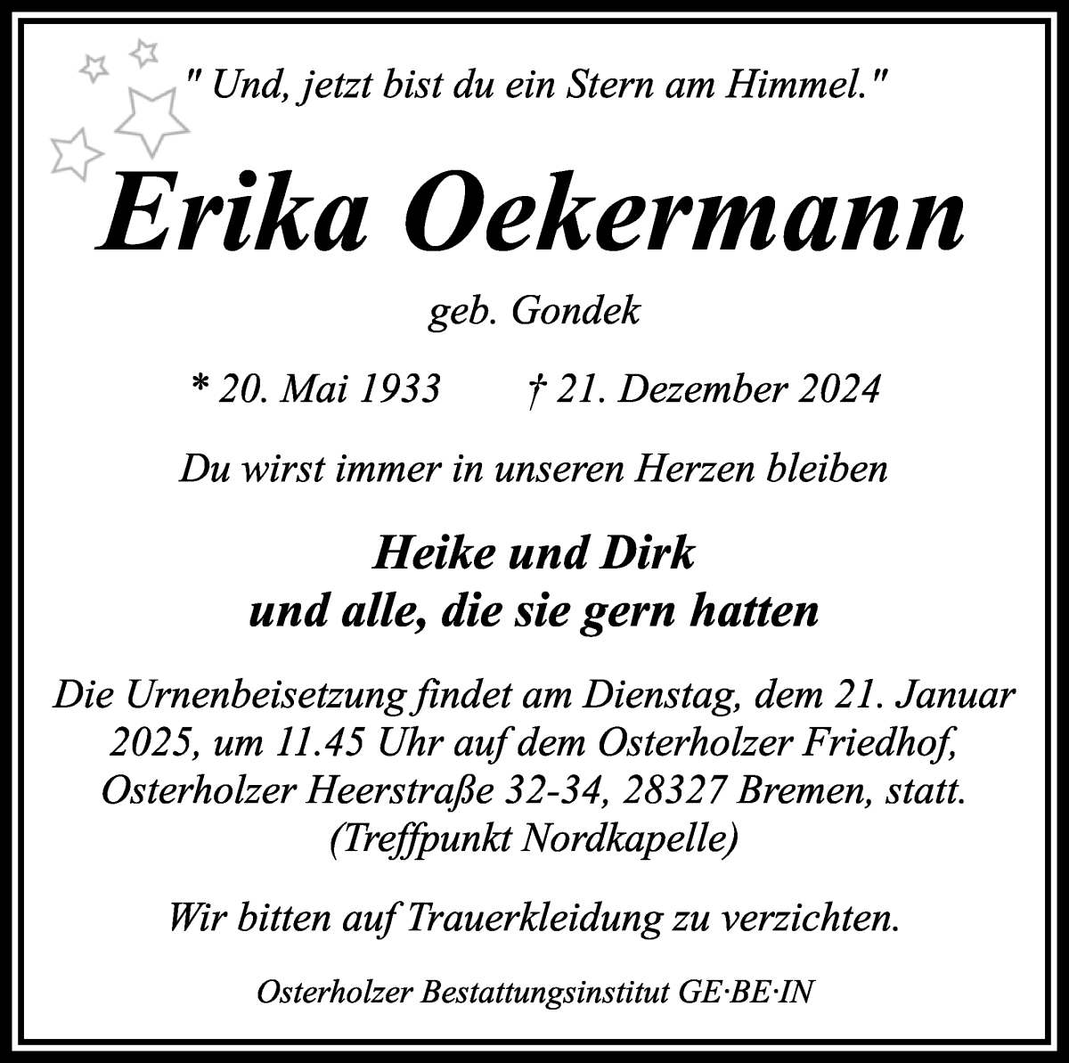 Traueranzeige von Erika Oekermann von WESER-KURIER