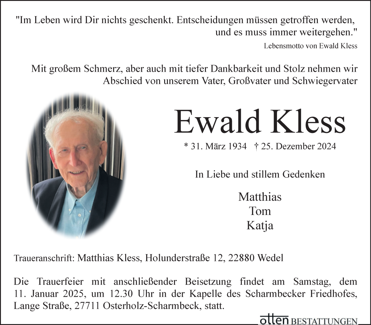 Traueranzeige von Ewald Kless von Osterholzer Kreisblatt