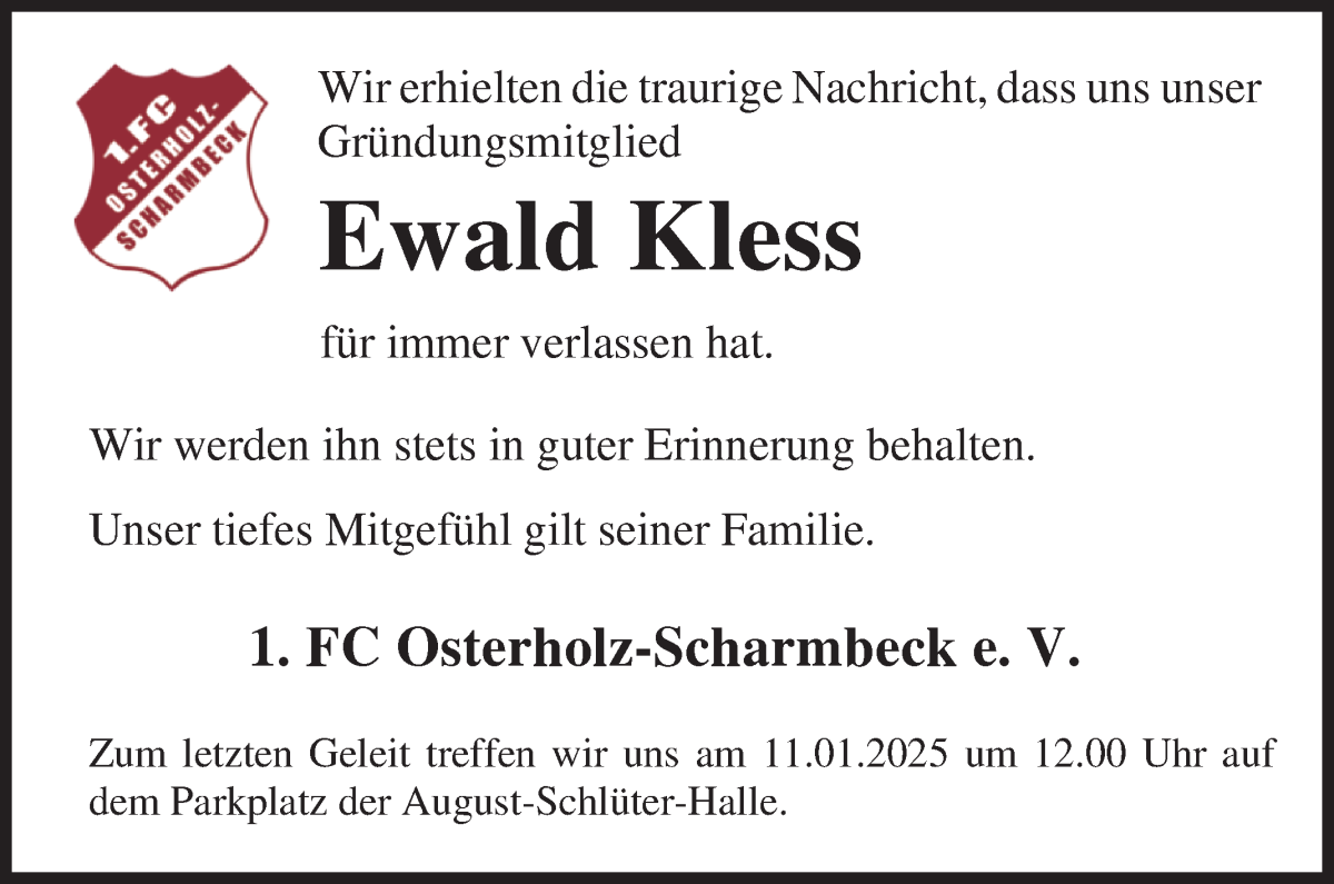 Traueranzeige von Ewald Kless von Osterholzer Kreisblatt