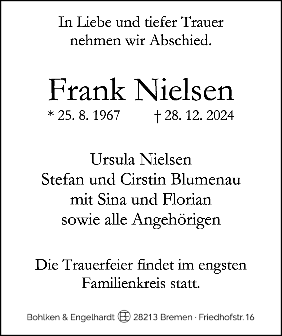 Traueranzeige von Frank Nielsen von WESER-KURIER