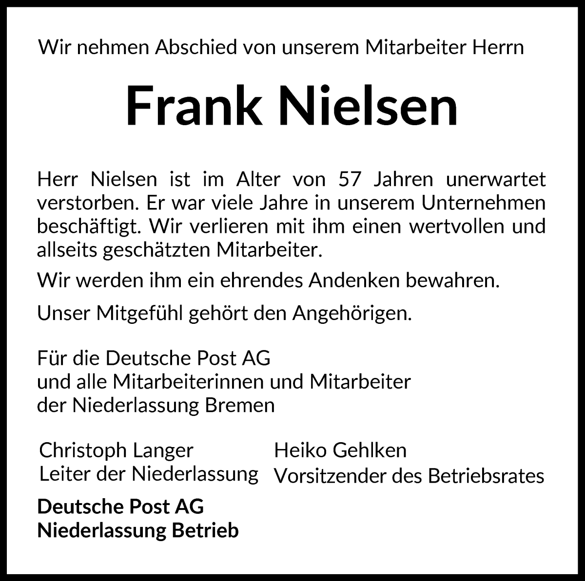 Traueranzeige von Frank Nielsen von WESER-KURIER