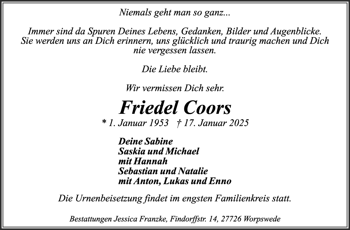 Traueranzeige von Friedel Coors von Wuemme Zeitung