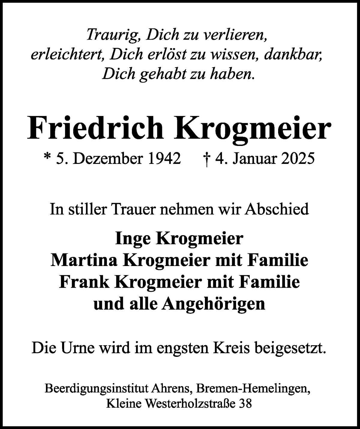 Traueranzeige von Friedrich Krogmeier von WESER-KURIER