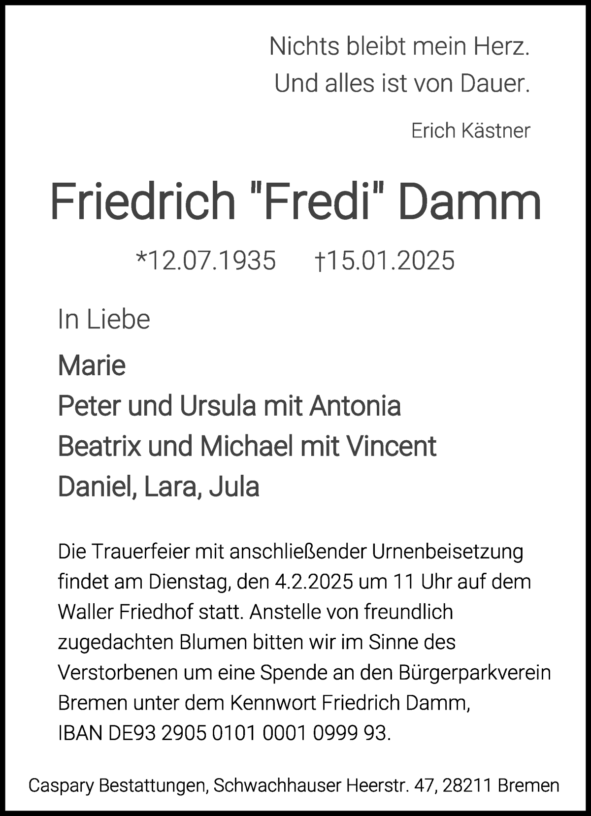 Traueranzeige von Friedrich Fredi Damm von WESER-KURIER