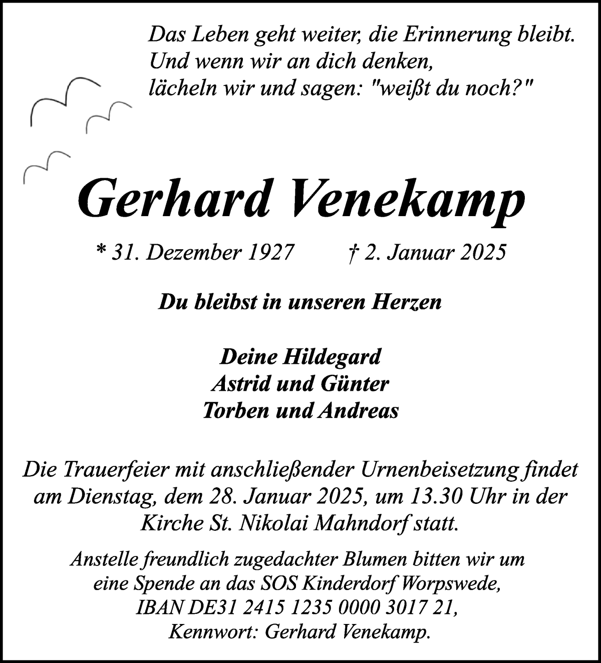 Traueranzeige von Gerhard Venekamp von WESER-KURIER