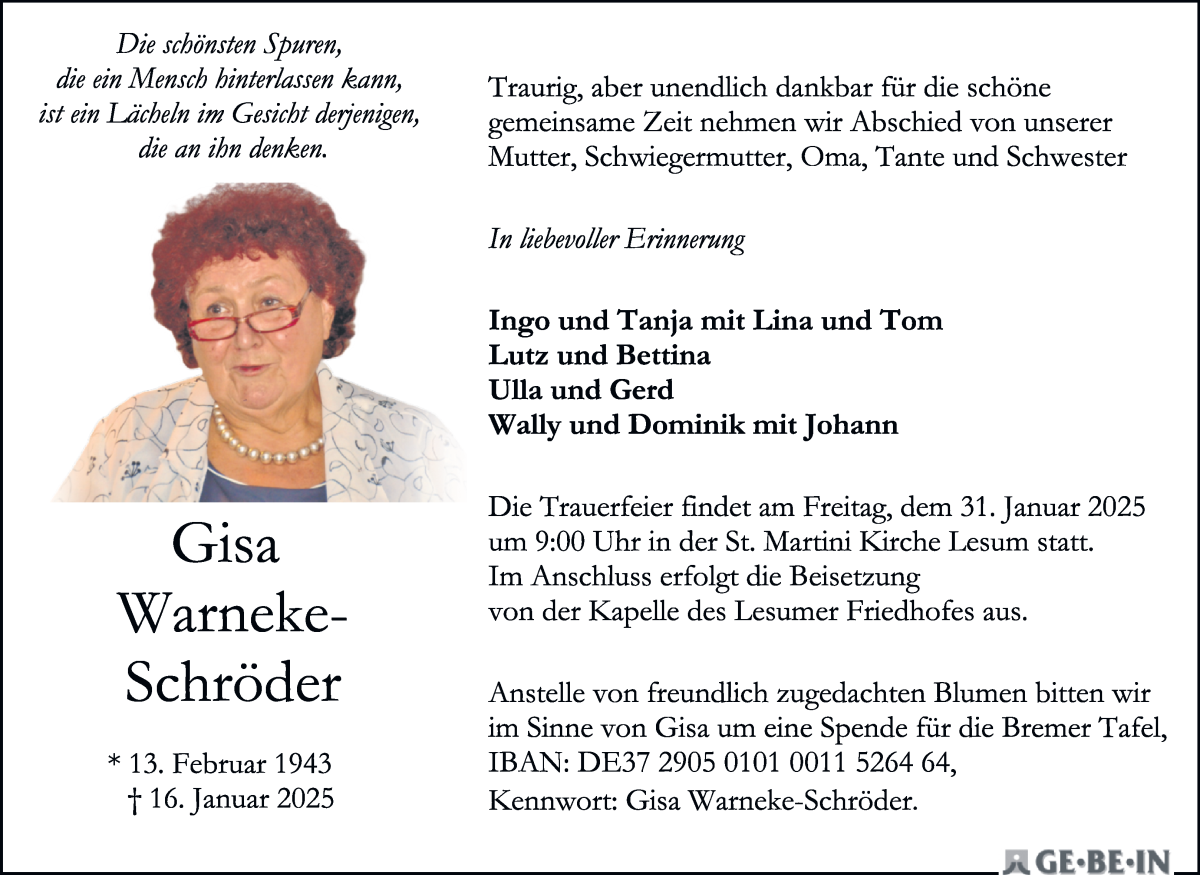 Traueranzeige von Gisa Warneke-Schröder von Die Norddeutsche