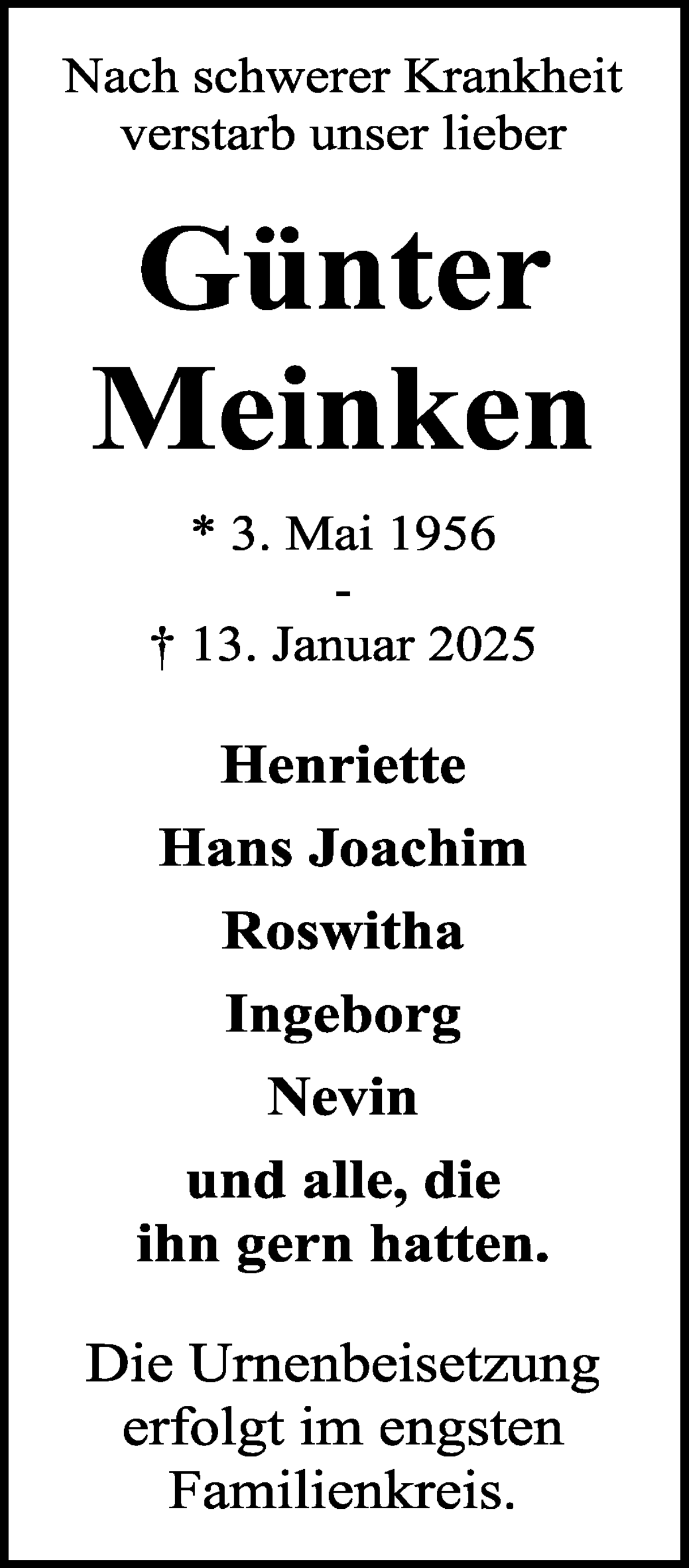 Traueranzeige von Günter Meinken von WESER-KURIER