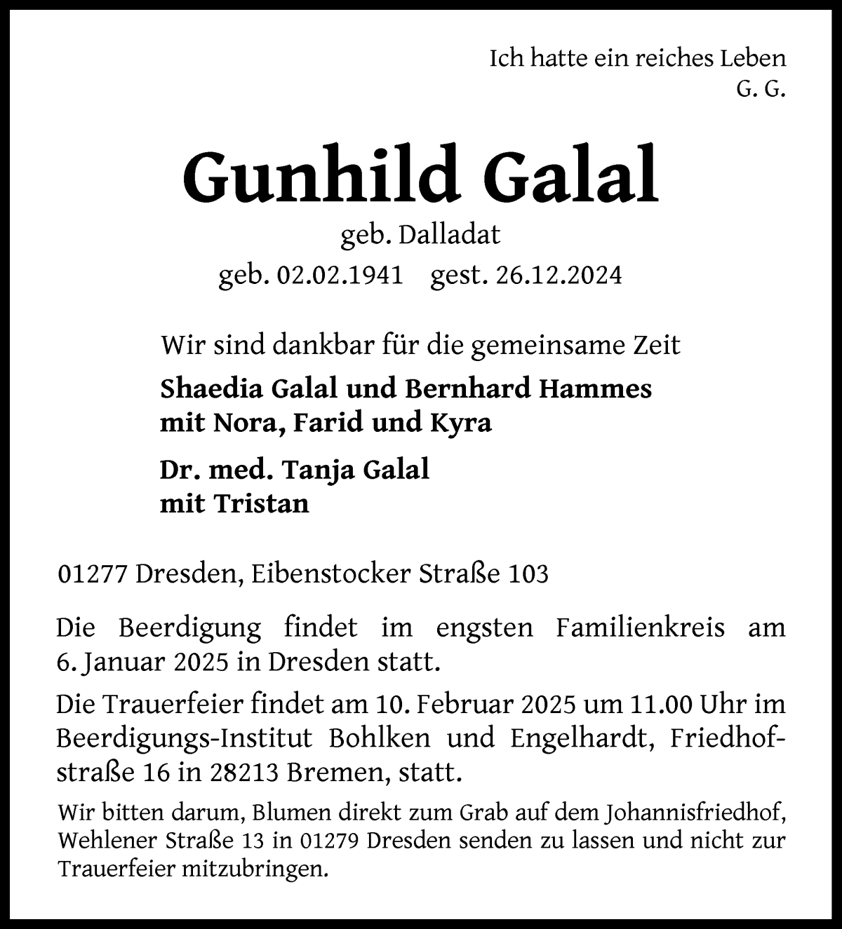 Traueranzeige von Gunhild Galal von WESER-KURIER