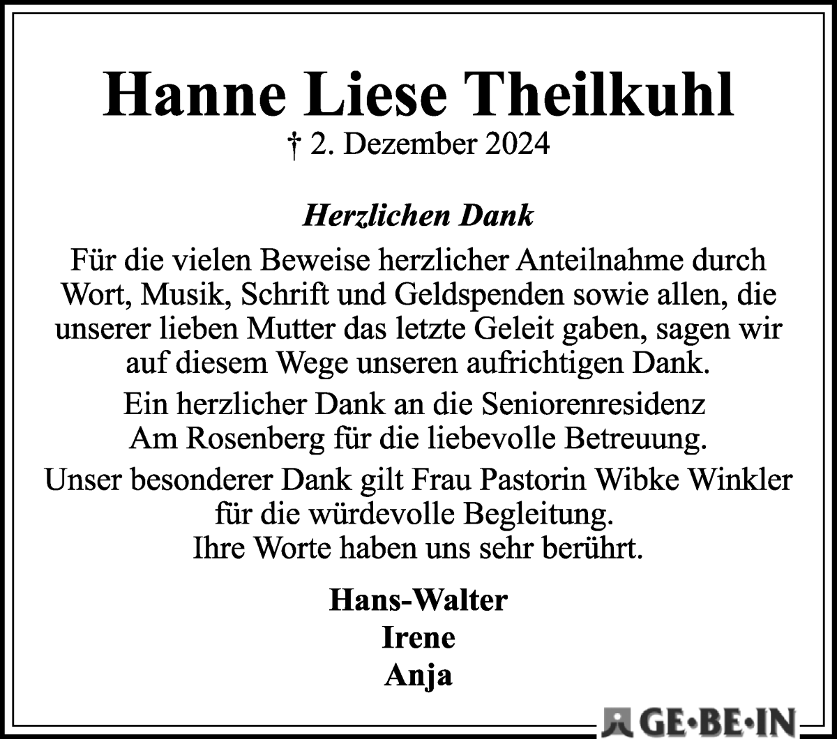Traueranzeige von Hanne Liese Theilkuhl von WESER-KURIER
