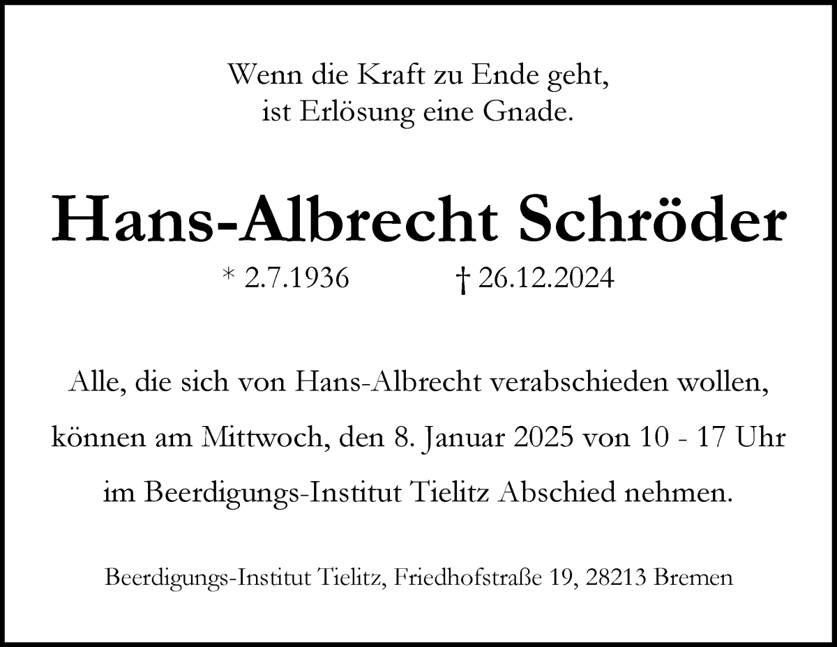 Traueranzeige von Hans-Albrecht Schröder von WESER-KURIER