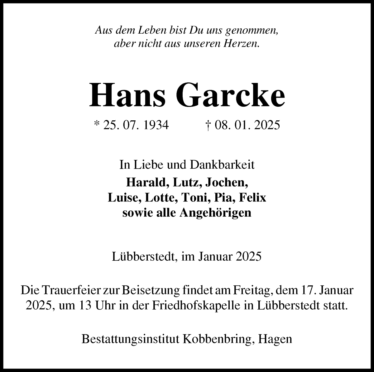 Traueranzeige von Hans Garcke von Osterholzer Kreisblatt