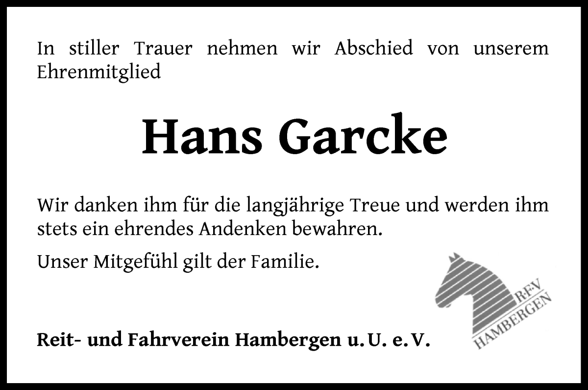 Traueranzeige von Hans Garcke von Osterholzer Kreisblatt