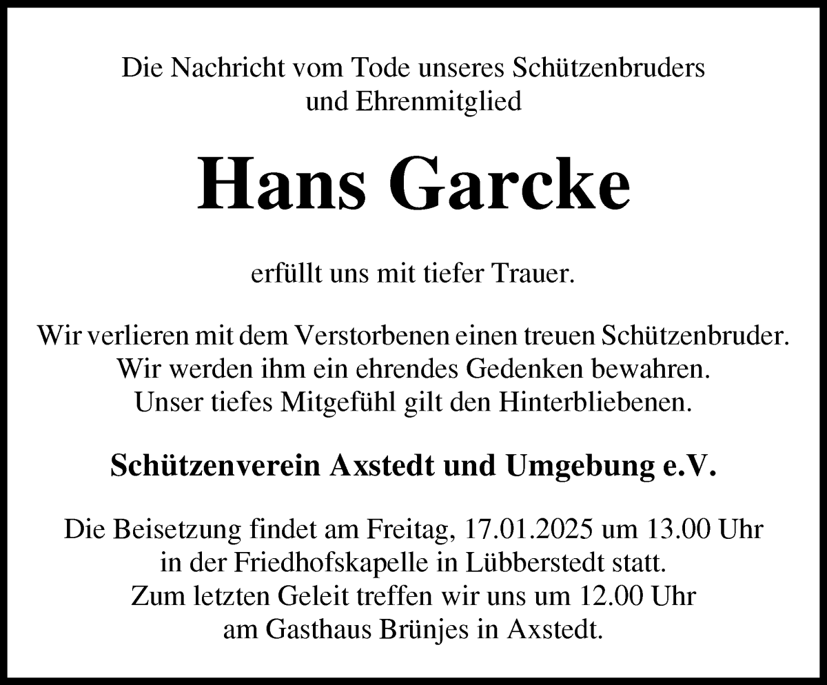 Traueranzeige von Hans Garcke von Osterholzer Kreisblatt