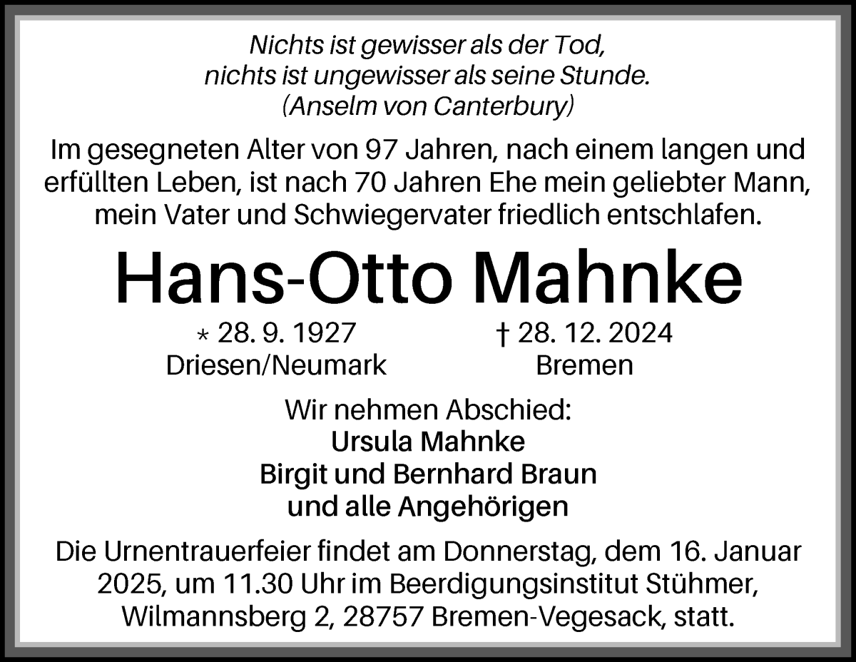 Traueranzeige von Hans-Otto Mahnke von Die Norddeutsche