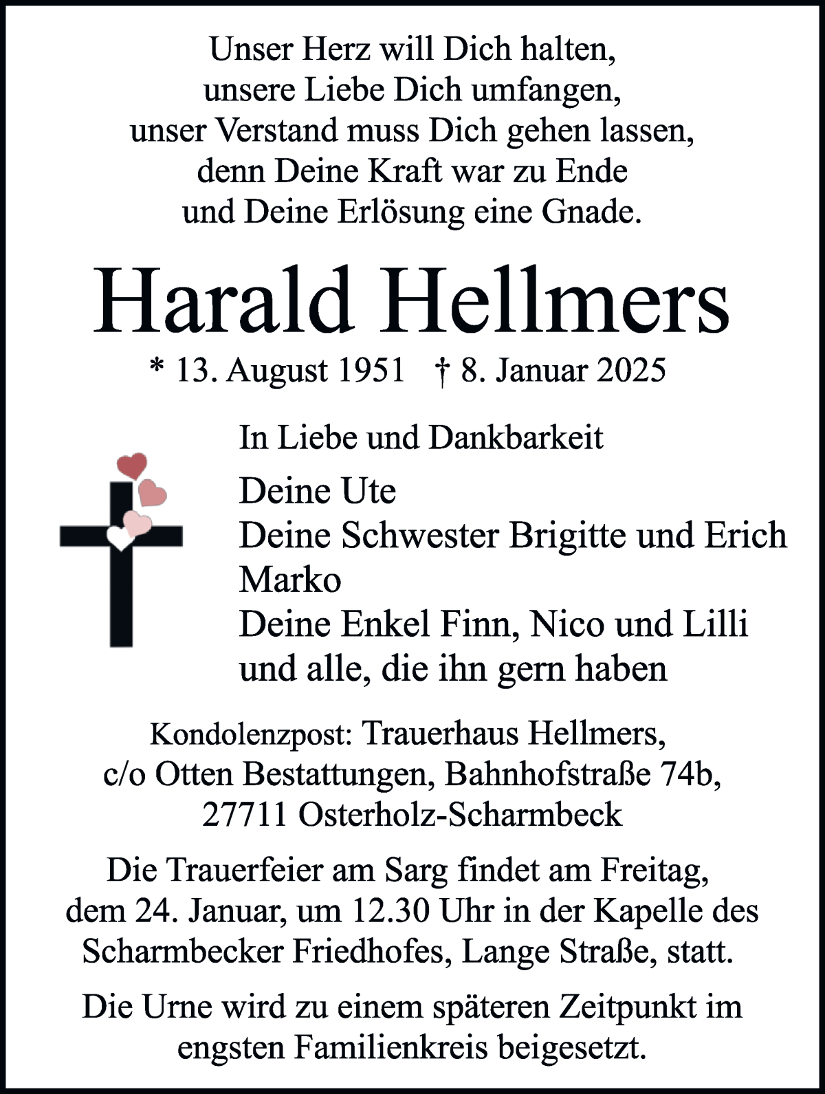 Traueranzeige von Harald Hellmers von Osterholzer Kreisblatt