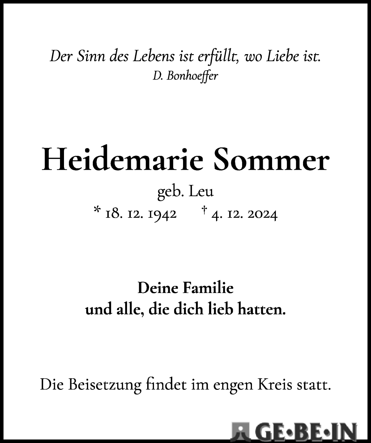 Traueranzeige von Heidemarie Sommer von WESER-KURIER