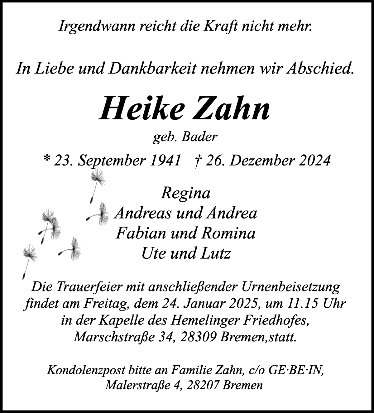 Traueranzeige von Heike Zahn von WESER-KURIER