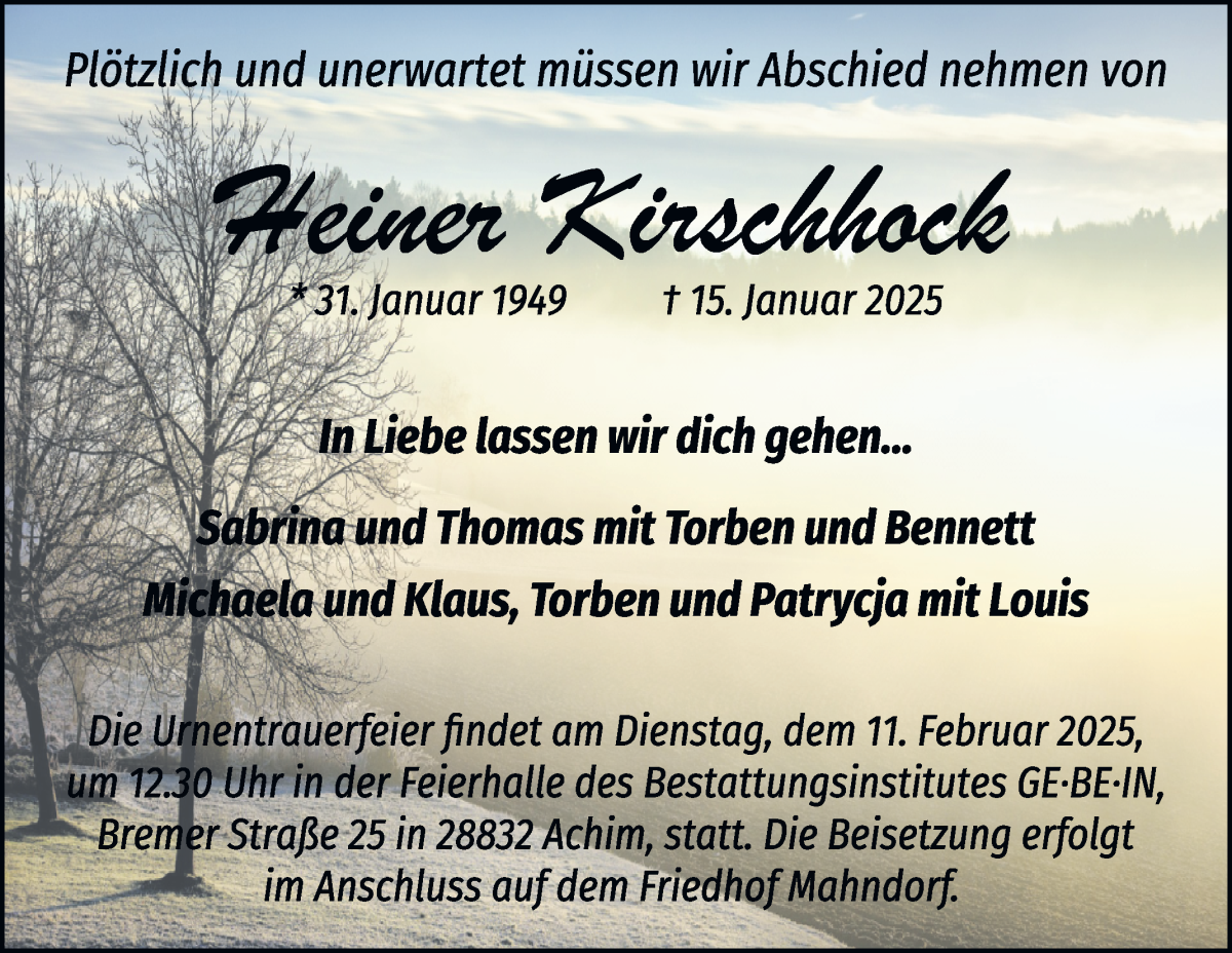 Traueranzeige von Heiner Kirschhock von WESER-KURIER