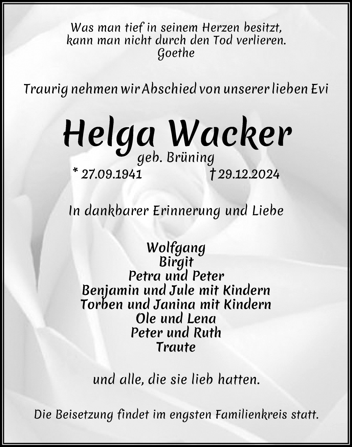 Traueranzeige von Helga Wacker von Wuemme Zeitung