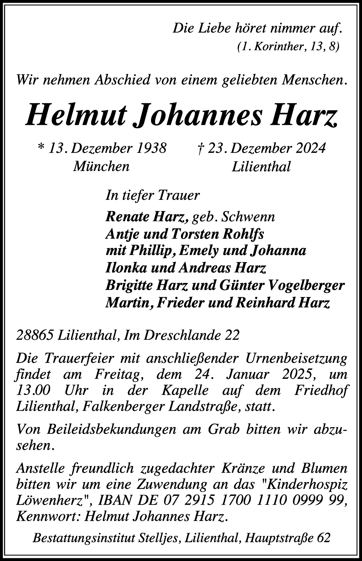 Traueranzeige von Helmut Johannes Harz von Wuemme Zeitung