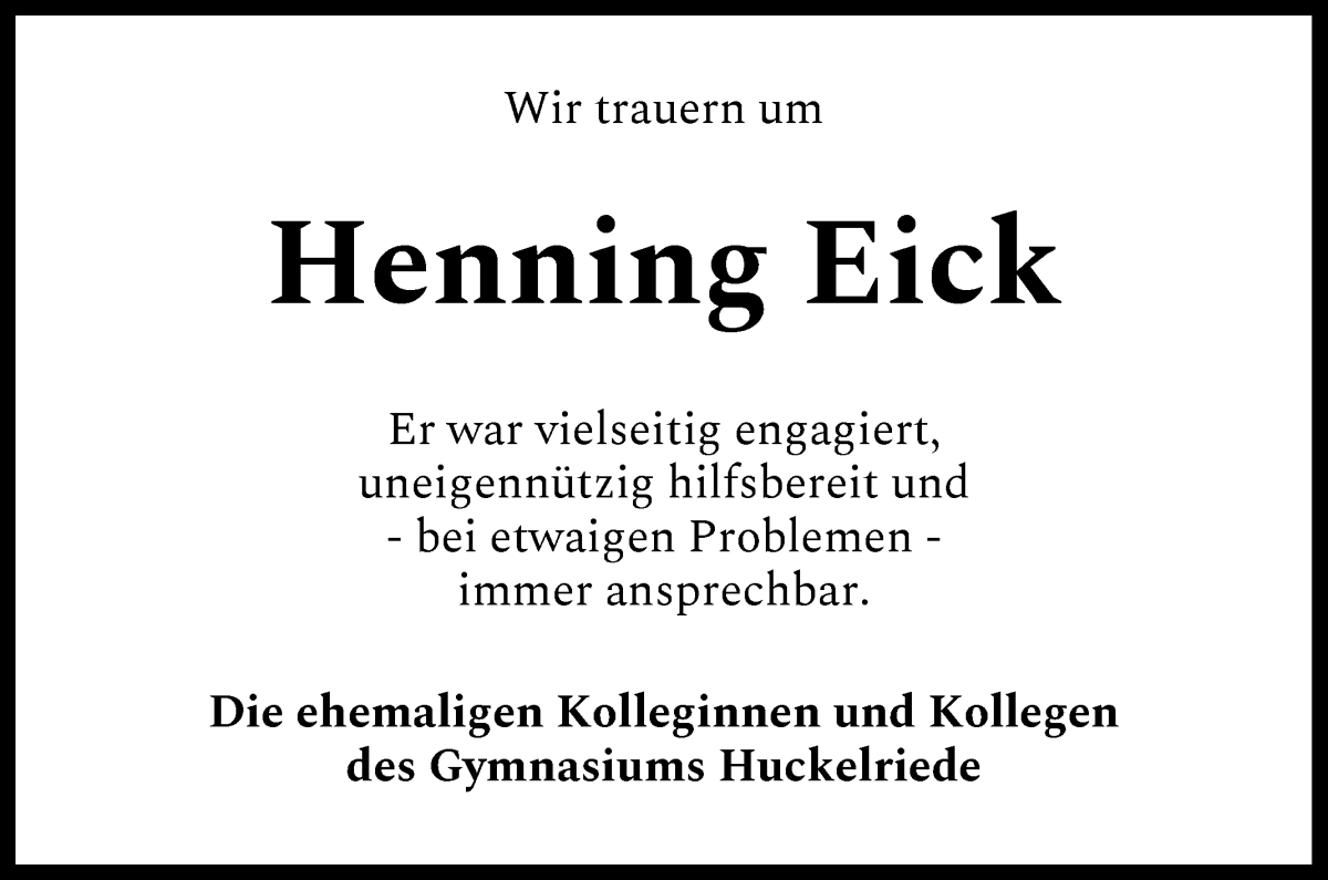 Traueranzeige von Henning Eick von WESER-KURIER