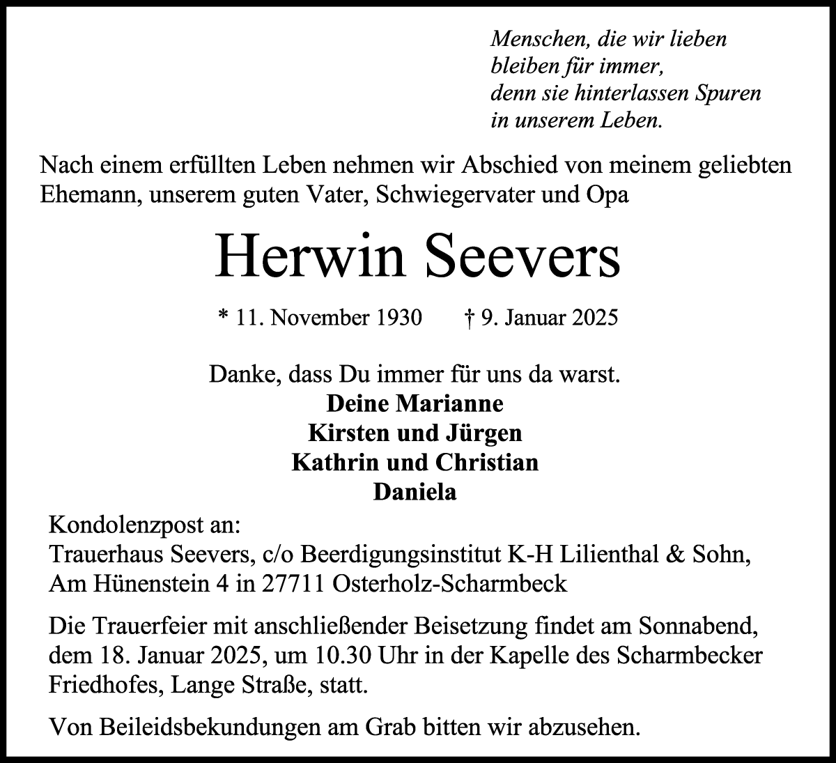 Traueranzeige von Herwin Seevers von Osterholzer Kreisblatt