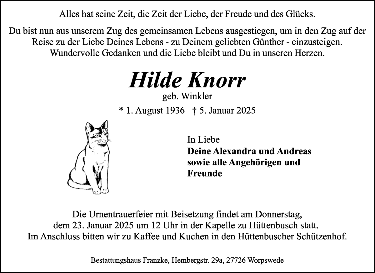 Traueranzeige von Hilde Knorr von Wuemme Zeitung