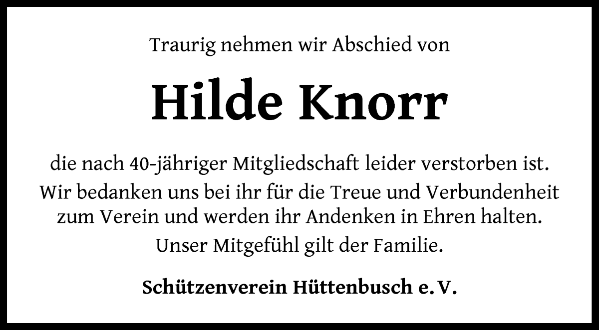 Traueranzeige von Hilde Knorr von Wuemme Zeitung