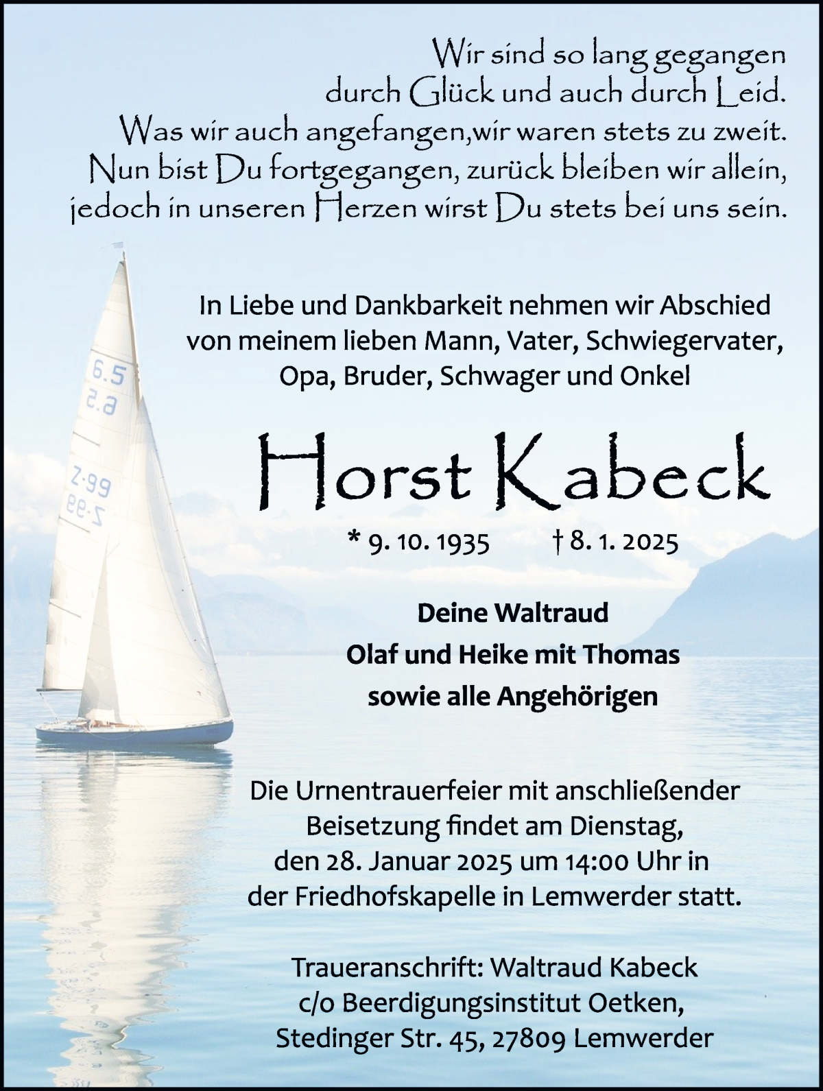 Traueranzeige von Horst Kabeck von Die Norddeutsche