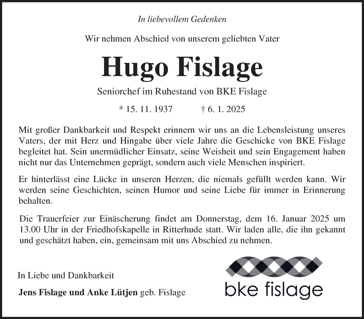 Traueranzeige von Hugo Fislage von Osterholzer Kreisblatt