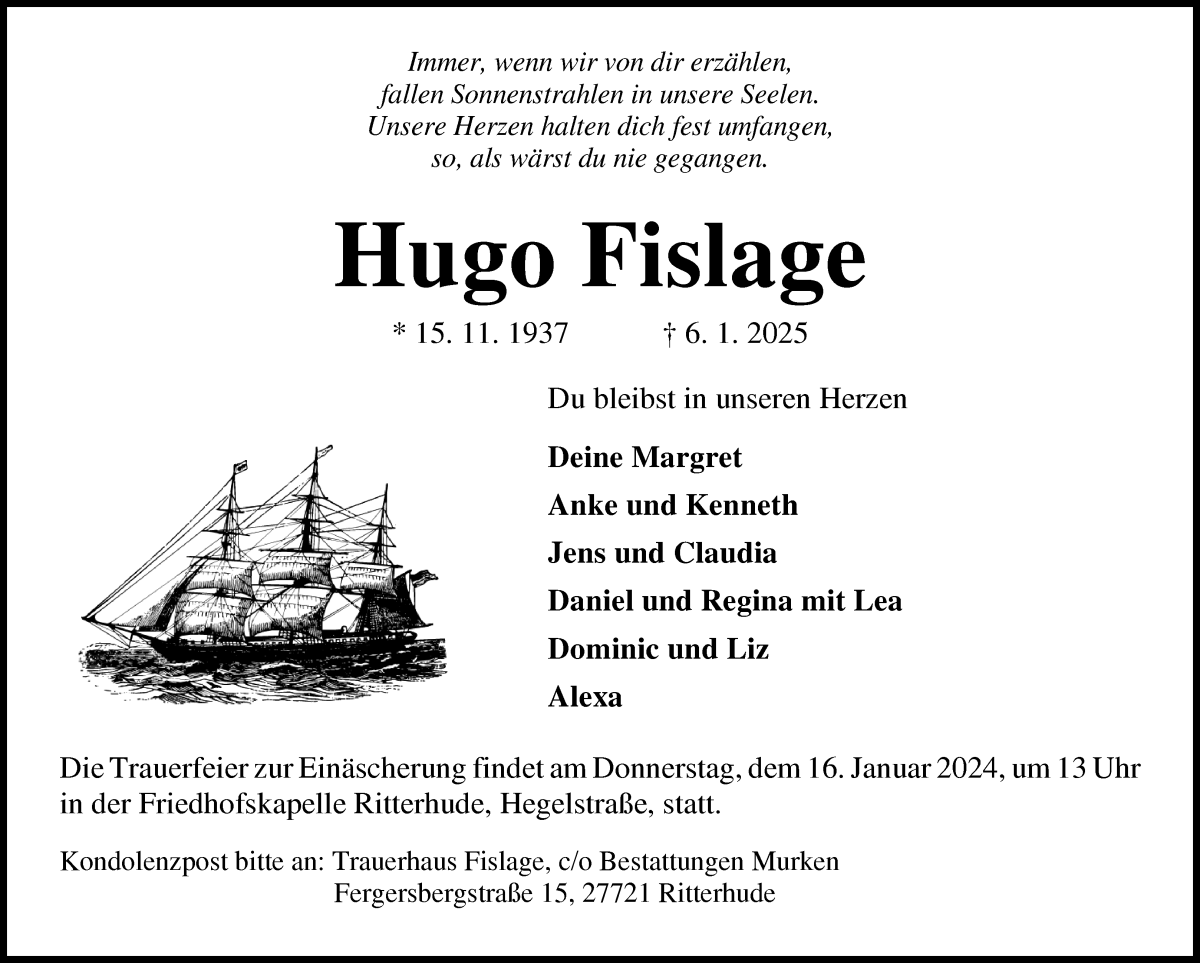 Traueranzeige von Hugo Fislage von Osterholzer Kreisblatt