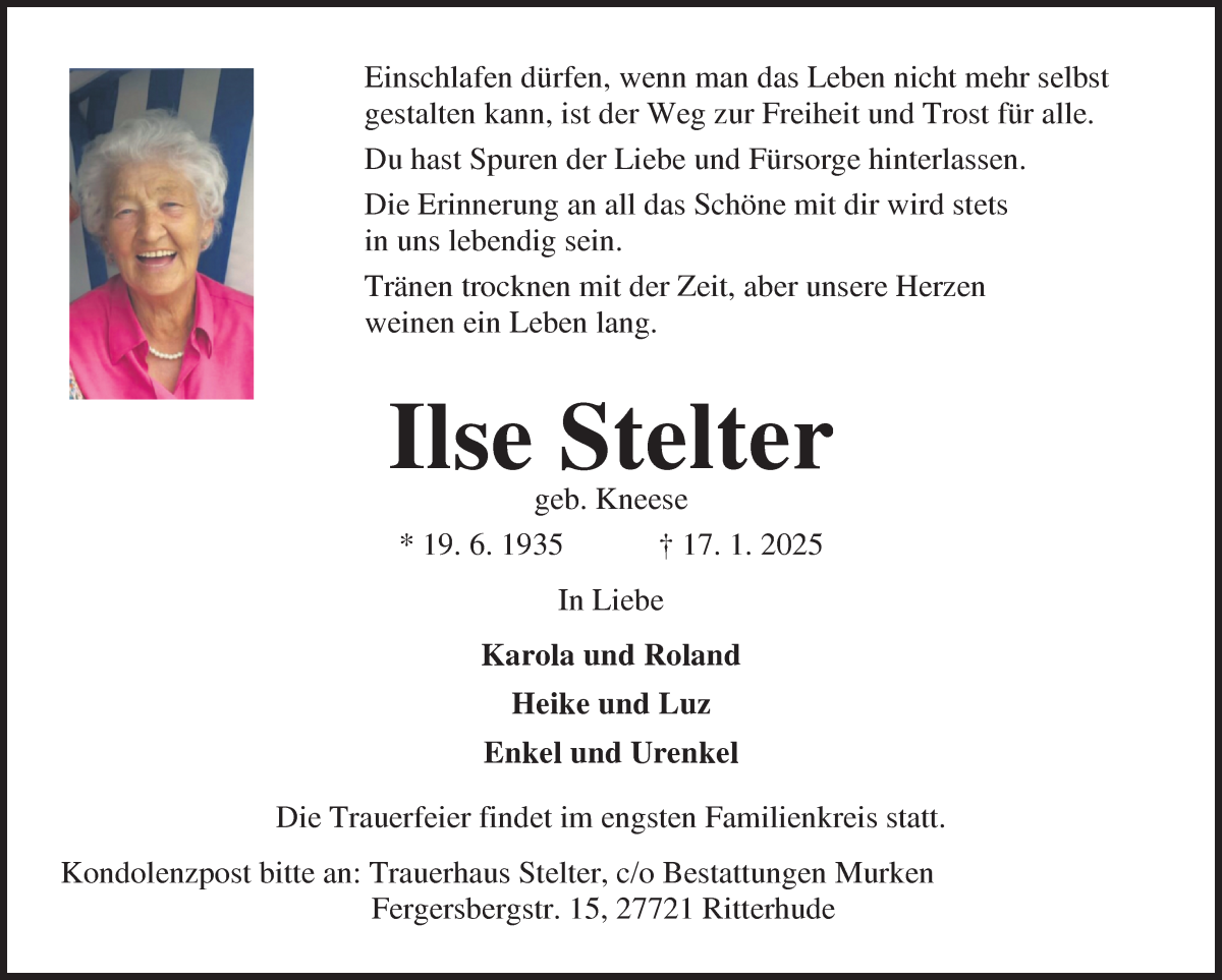 Traueranzeige von Ilse Stelter von Osterholzer Kreisblatt