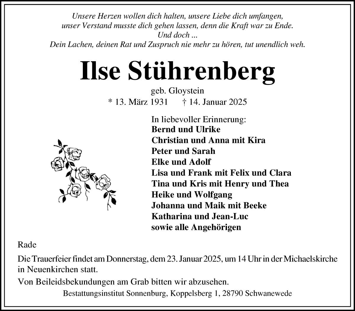 Traueranzeige von Ilse Stührenberg von Die Norddeutsche