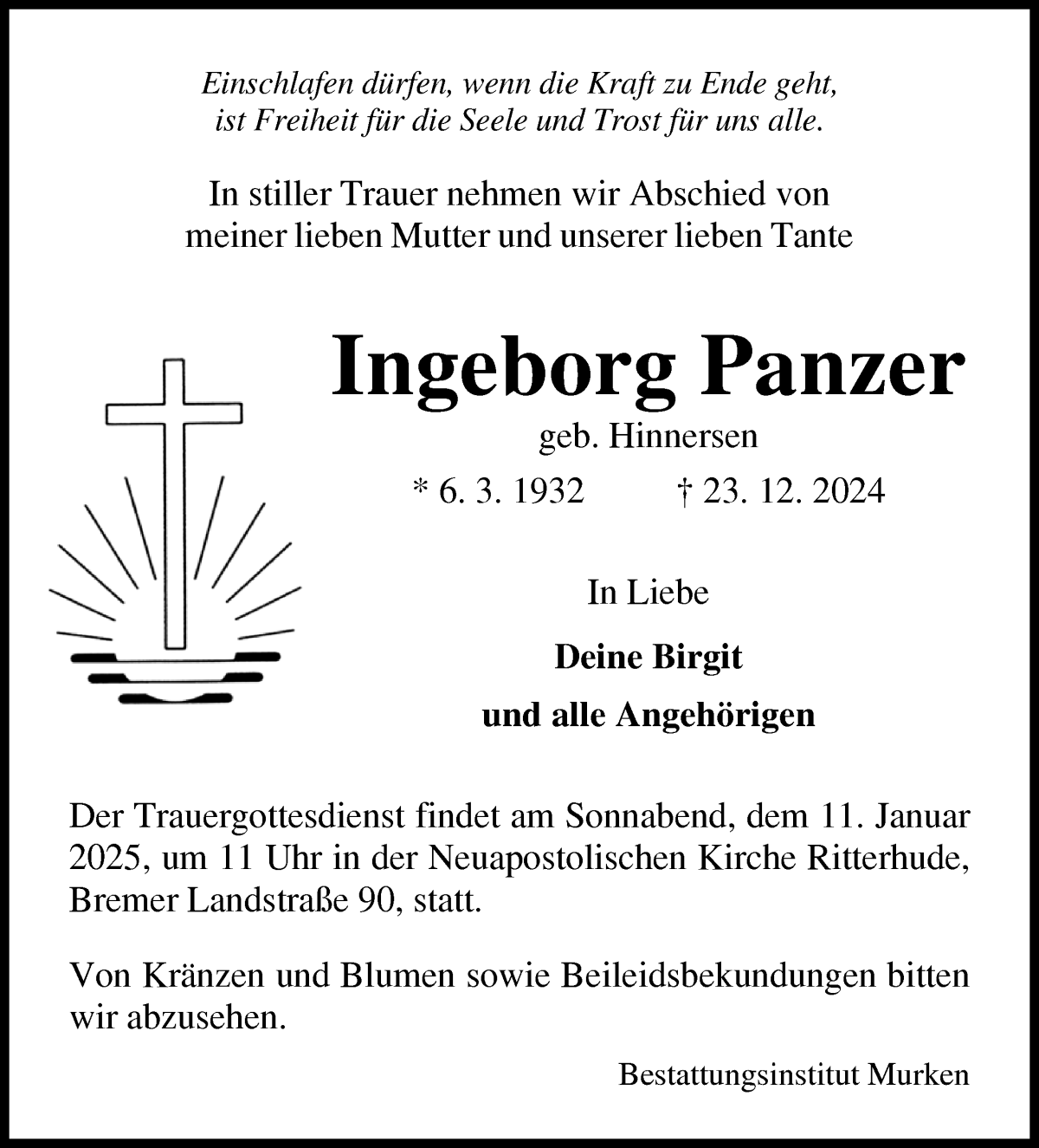 Traueranzeige von Ingeborg Panzer von WESER-KURIER