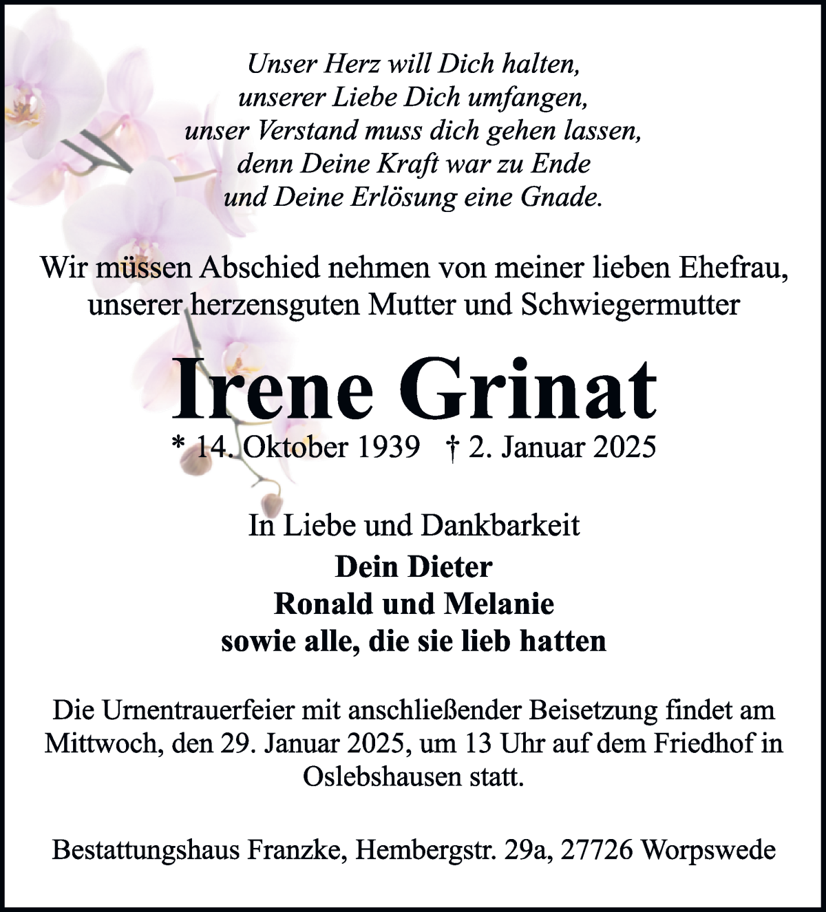 Traueranzeige von Irene Grinat von WESER-KURIER