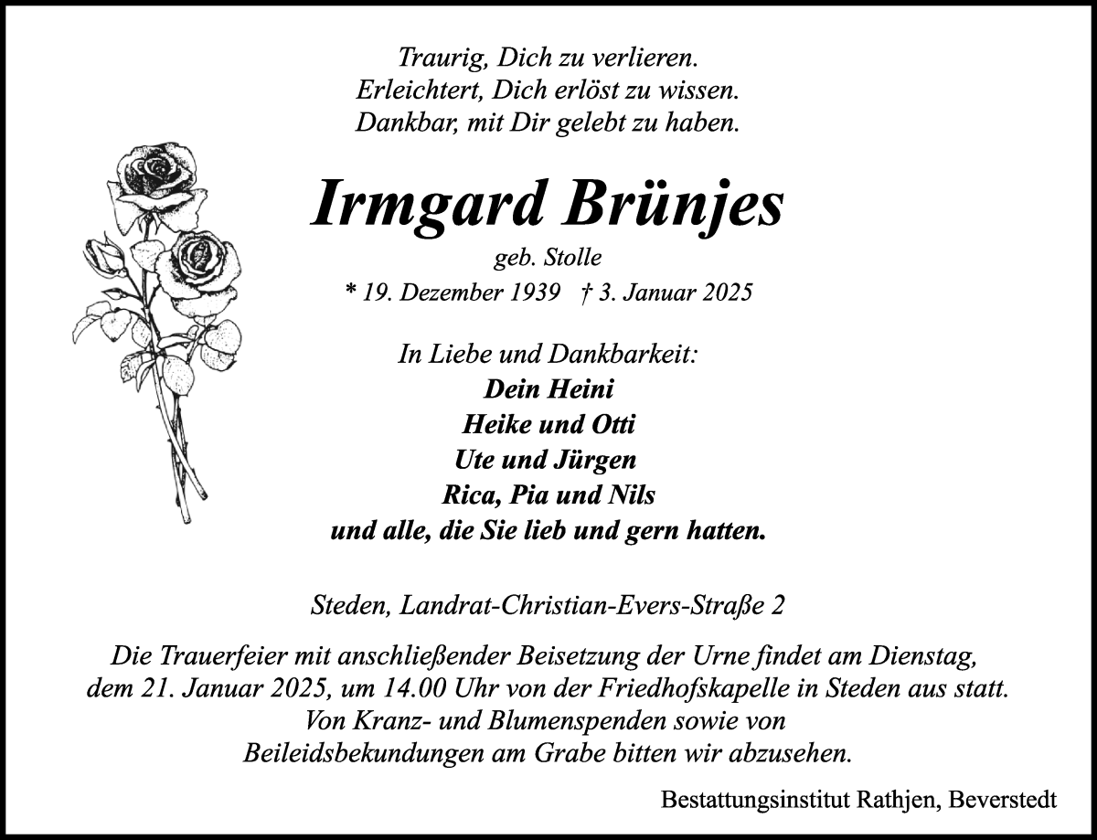 Traueranzeige von Irmgard Brünjes von Osterholzer Kreisblatt