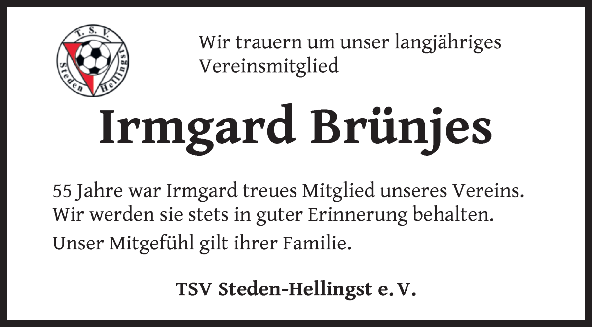 Traueranzeige von Irmgard Brünjes von Osterholzer Kreisblatt