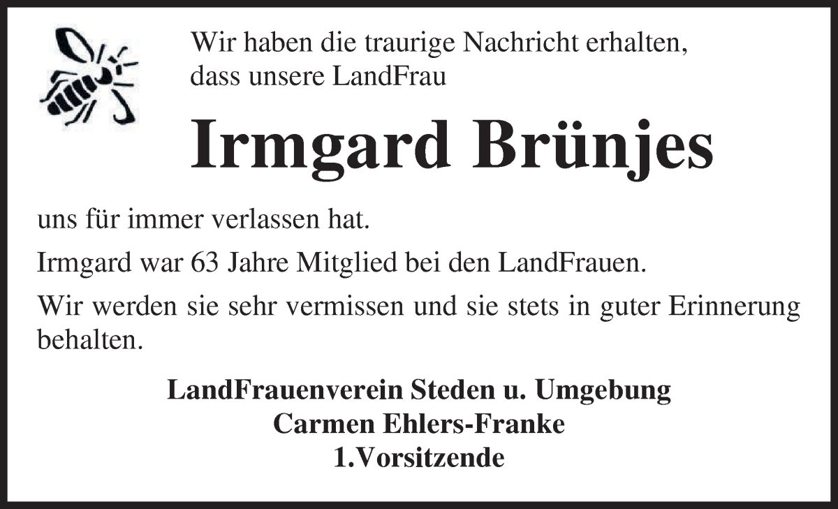 Traueranzeige von Irmgard Brünjes von Osterholzer Kreisblatt