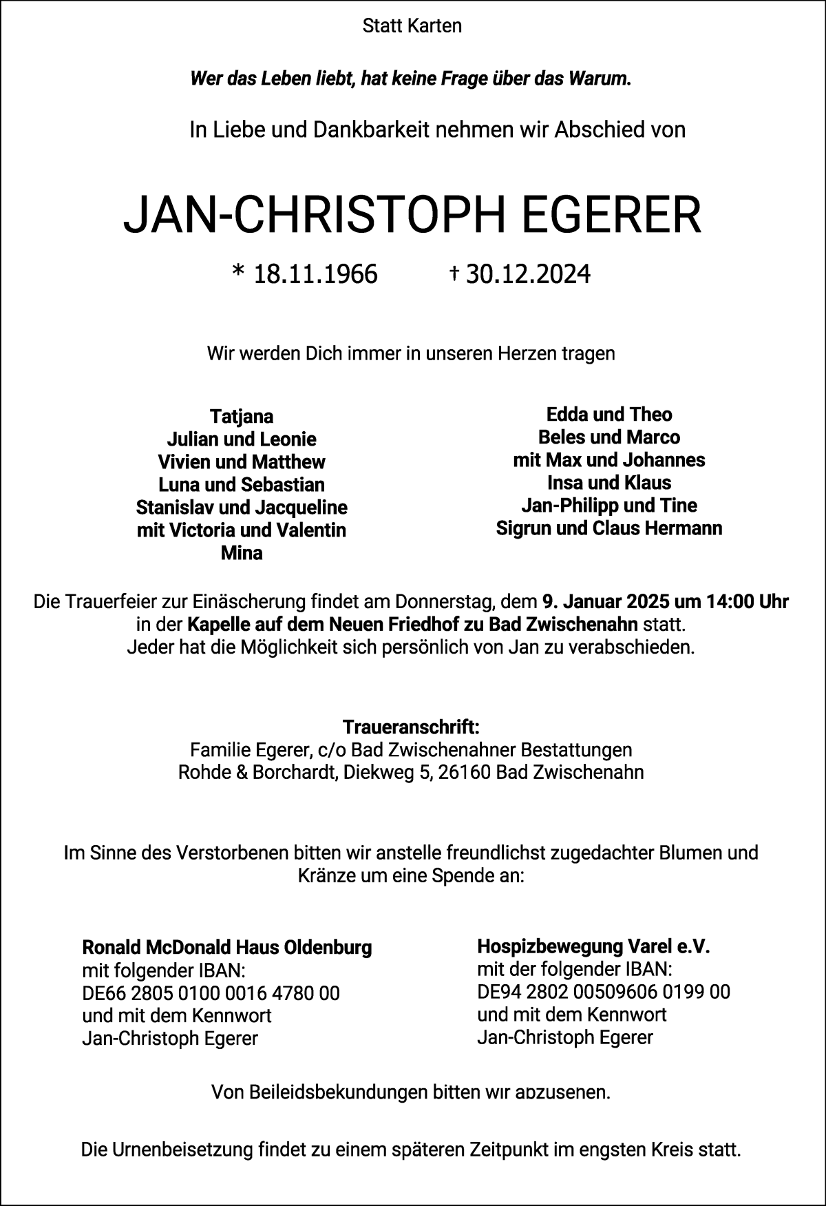 Traueranzeige von Jan-Christoph Egerer von WESER-KURIER