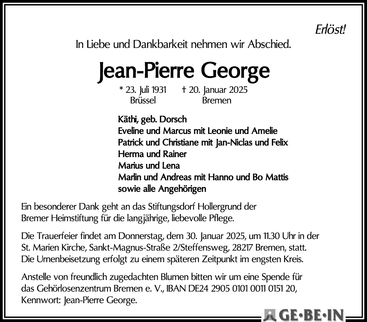 Traueranzeige von Jean-Pierre George von WESER-KURIER