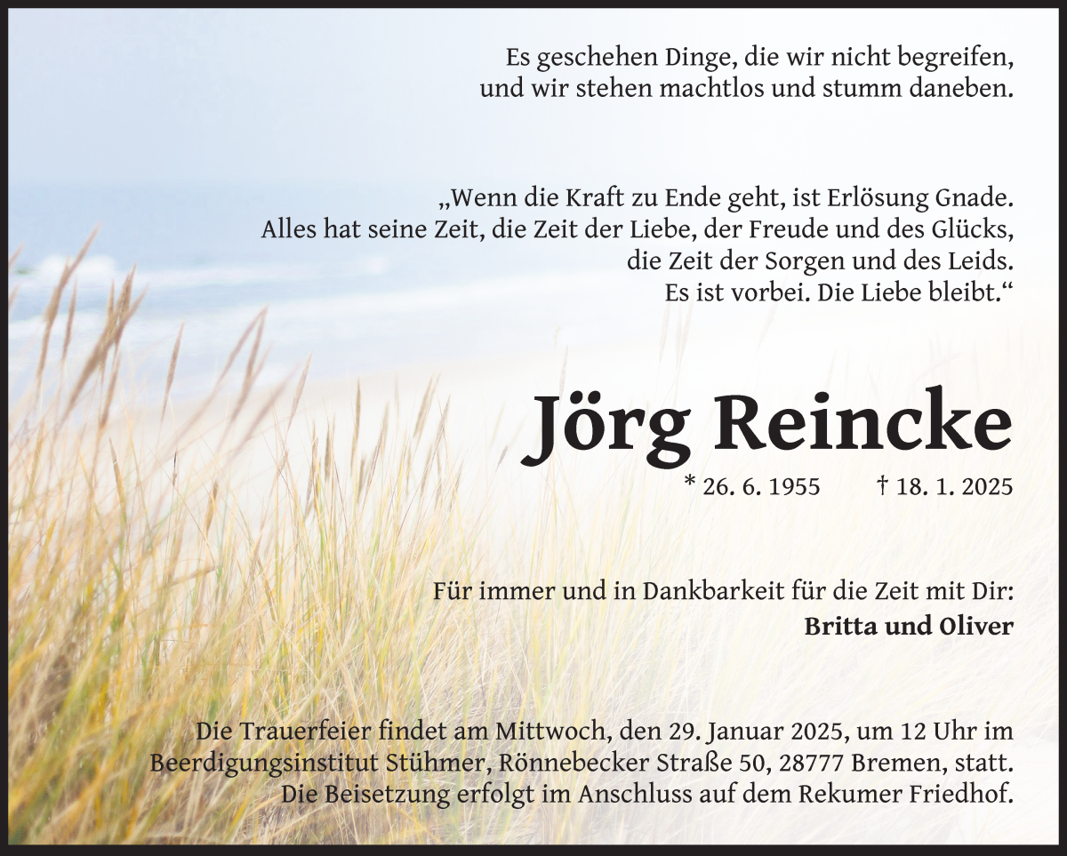 Traueranzeige von Jörg Reincke von Die Norddeutsche