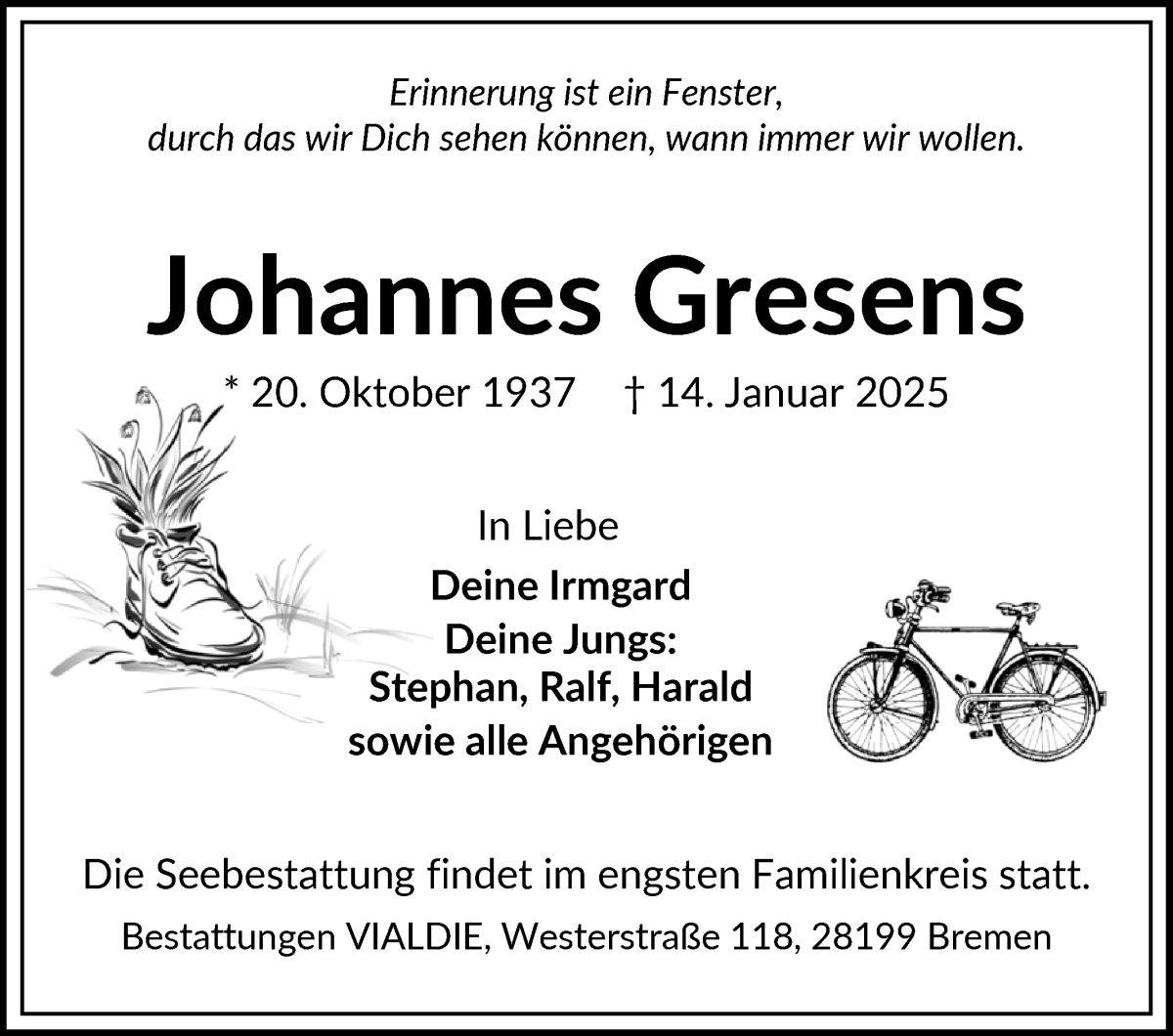 Traueranzeige von Johannes Gresens von WESER-KURIER