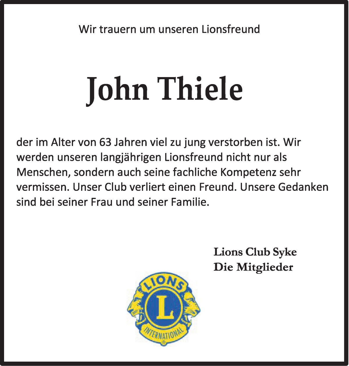 Traueranzeige von John Thiele von Regionale Rundschau/Syker Kurier