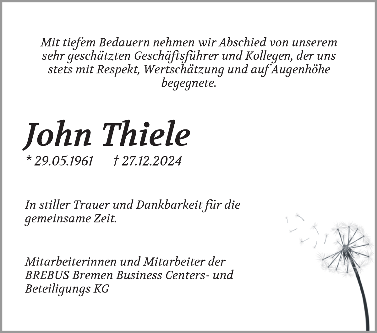 Traueranzeige von John Thiele von WESER-KURIER